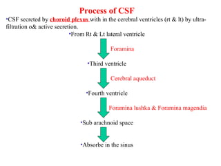 Process of CSF
•CSF secreted by choroid plexus with in the cerebral ventricles (rt & lt) by ultra-
filtration o& active secretion.
•From Rt & Lt lateral ventricle
Foramina
•Third ventricle
Cerebral aqueduct
•Fourth ventricle
Foramina lushka & Foramina magendia
•Sub arachnoid space
•Absorbe in the sinus
 