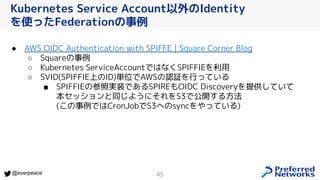 45
@everpeace
● AWS OIDC Authentication with SPIFFE | Square Corner Blog
○ Squareの事例
○ Kubernetes ServiceAccountではなくSPIFFI...