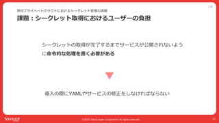 公開
©2022 Yahoo Japan Corporation All rights reserved.
課題︓シークレット取得におけるユーザーの負担
弊社プライベートクラウドにおけるシークレット管理の課題
19
シークレットの取得が完了するまでサービスが公開されないよう
に命令的な処理を書く必要がある
導⼊の際にYAMLやサービスの修正をしなければならない
 