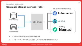 公開
©2022 Yahoo Japan Corporation All rights reserved.
Container Storage Interface（CSI）
Secrets Store CSI Driverとは︖
25
CSI Driver
VendorA storage
VendorB storage
CO (Container Orchestration)
• ストレージ利⽤のための共通のAPI仕様
• ストレージベンダーはCSIに対応したドライバを開発すれば良い
 