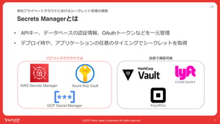 公開
©2022 Yahoo Japan Corporation All rights reserved.
Secrets Managerとは
7
弊社プライベートクラウドにおけるシークレット管理の課題
Azure Key Vault
AWS Secrets Manager
GCP Secret Manager
パブリッククラウドでは ⾃前で構築可能
• APIキー、データベースの認証情報、OAuthトークンなどを⼀元管理
• デプロイ時や、アプリケーションの任意のタイミングでシークレットを取得
 