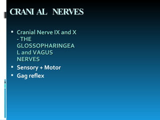 CRANIAL NERVES Cranial Nerve IX and X - THE GLOSSOPHARINGEAL and VAGUS NERVES   Sensory + Motor Gag reflex 
