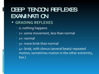 DEEP TENDON REFLEXES EXAMINATION GRADING REFLEXES   0: nothing happens  1+: some movement, less than normal  2+: normal  3+: more brisk than normal  4+: brisk, with clonus (several beats/ repeated motion; sometimes motion in the other extremity, too.)    