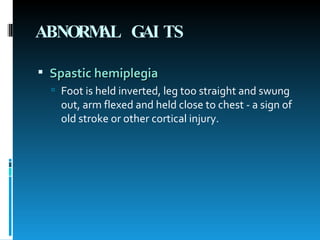 ABNORMAL GAITS   Spastic hemiplegia   Foot is held inverted, leg too straight and swung out, arm flexed and held close to chest - a sign of old stroke or other cortical injury.  