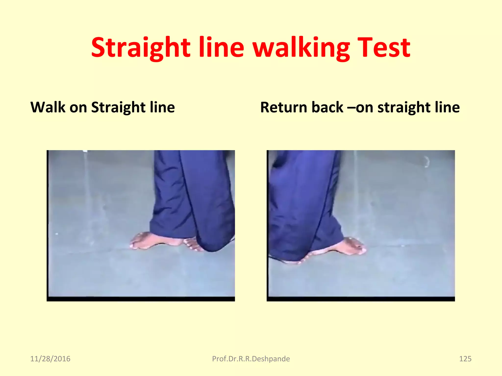 Straight line walking Test
Walk on Straight line Return back –on straight line
11/28/2016 Prof.Dr.R.R.Deshpande 125
 
