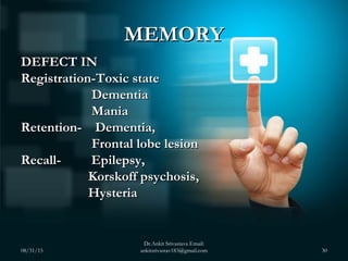 MEMORYMEMORY
DEFECT INDEFECT IN
Registration-Toxic stateRegistration-Toxic state
DementiaDementia
ManiaMania
Retention- De...