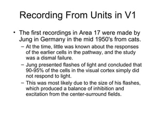 Recording From Units in V1 
• The first recordings in Area 17 were made by 
Jung in Germany in the mid 1950's from cats. 
– At the time, little was known about the responses 
of the earlier cells in the pathway, and the study 
was a dismal failure. 
– Jung presented flashes of light and concluded that 
90 95% of the cells in the visual ‑ cortex simply did 
not respond to light. 
– This was most likely due to the size of his flashes, 
which produced a balance of inhibition and 
excitation from the center‑surround fields. 
 