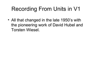 Recording From Units in V1 
• All that changed in the late 1950’s with 
the pioneering work of David Hubel and 
Torsten Wiesel. 
 