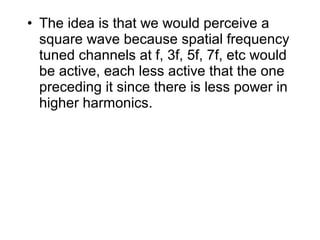 • The idea is that we would perceive a 
square wave because spatial frequency 
tuned channels at f, 3f, 5f, 7f, etc would 
be active, each less active that the one 
preceding it since there is less power in 
higher harmonics. 
 