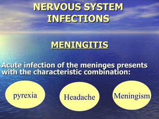 NERVOUS SYSTEM INFECTIONS MENINGITIS Acute infection of the meninges presents with the characteristic combination: pyrexia Headache Meningism 