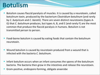 Botulism Botulism causes flaccid paralysis of muscles. It is caused by a neurotoxin, called botulinum toxin, produced by the bacterium  Clostridium botulinum  (and rarely by  C. butyricum  and  C. baratii ). There are seven distinct neurotoxins (types A-G) that  C. botulinum  produces, but types A, B, and E (and rarely F) are the most common that produce the flaccid paralysis in humans. Botulism is not transmitted person to person.  Food-borne botulism is caused by eating foods that contain the botulinum neurotoxin. Wound botulism is caused by neurotoxin produced from a wound that is infected with the bacteria  C. botulinum . Infant botulism occurs when an infant consumes the spores of the botulinum bacteria. The bacteria then grow in the intestines and release the neurotoxin. Gram-positive, endospore-forming, obligate anaerobe 