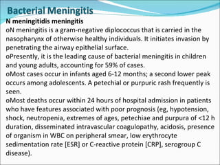 N meningitidis meningitis oN meningitis is a gram-negative diplococcus that is carried in the nasopharynx of otherwise healthy individuals. It initiates invasion by penetrating the airway epithelial surface.  oPresently, it is the leading cause of bacterial meningitis in children and young adults, accounting for 59% of cases.  oMost cases occur in infants aged 6-12 months; a second lower peak occurs among adolescents. A petechial or purpuric rash frequently is seen.  oMost deaths occur within 24 hours of hospital admission in patients who have features associated with poor prognosis (eg, hypotension, shock, neutropenia, extremes of ages, petechiae and purpura of <12 h duration, disseminated intravascular coagulopathy, acidosis, presence of organism in WBC on peripheral smear, low erythrocyte sedimentation rate [ESR] or C-reactive protein [CRP], serogroup C disease). 