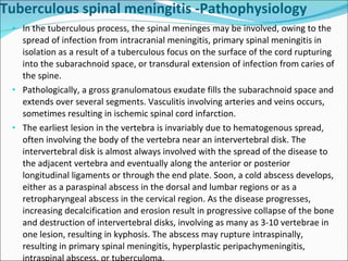 In the tuberculous process, the spinal meninges may be involved, owing to the spread of infection from intracranial meningitis, primary spinal meningitis in isolation as a result of a tuberculous focus on the surface of the cord rupturing into the subarachnoid space, or transdural extension of infection from caries of the spine. Pathologically, a gross granulomatous exudate fills the subarachnoid space and extends over several segments. Vasculitis involving arteries and veins occurs, sometimes resulting in ischemic spinal cord infarction. The earliest lesion in the vertebra is invariably due to hematogenous spread, often involving the body of the vertebra near an intervertebral disk. The intervertebral disk is almost always involved with the spread of the disease to the adjacent vertebra and eventually along the anterior or posterior longitudinal ligaments or through the end plate. Soon, a cold abscess develops, either as a paraspinal abscess in the dorsal and lumbar regions or as a retropharyngeal abscess in the cervical region. As the disease progresses, increasing decalcification and erosion result in progressive collapse of the bone and destruction of intervertebral disks, involving as many as 3-10 vertebrae in one lesion, resulting in kyphosis. The abscess may rupture intraspinally, resulting in primary spinal meningitis, hyperplastic peripachymeningitis, intraspinal abscess, or tuberculoma. Tuberculous spinal meningitis -Pathophysiology 