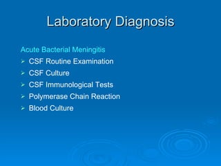 Laboratory Diagnosis Acute Bacterial Meningitis CSF Routine Examination CSF Culture  CSF Immunological Tests Polymerase Chain Reaction Blood Culture 
