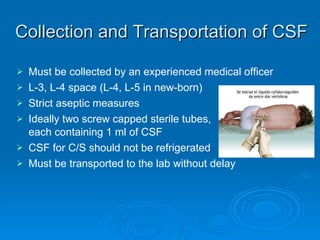 Collection and Transportation of CSF Must be collected by an experienced medical officer  L-3, L-4 space (L-4, L-5 in new-born) Strict aseptic measures Ideally two screw capped sterile tubes,  each containing 1 ml of CSF CSF for C/S should not be refrigerated  Must be transported to the lab without delay 