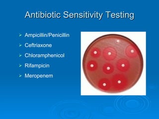 Antibiotic Sensitivity Testing Ampicillin/Penicillin Ceftriaxone Chloramphenicol Rifampicin Meropenem 