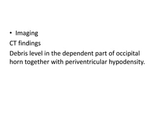 • Imaging
CT findings
Debris level in the dependent part of occipital
horn together with periventricular hypodensity.
 