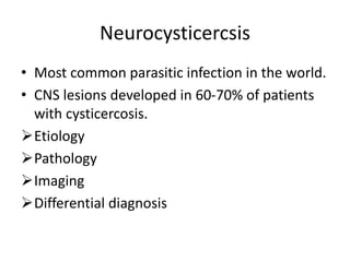 Neurocysticercsis
• Most common parasitic infection in the world.
• CNS lesions developed in 60-70% of patients
with cysticercosis.
Etiology
Pathology
Imaging
Differential diagnosis
 