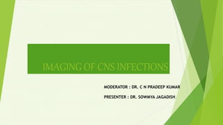 IMAGING OF CNS INFECTIONS
MODERATOR : DR. C N PRADEEP KUMAR
PRESENTER : DR. SOWMYA JAGADISH
 