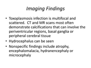 Imaging Findings
• Toxoplasmosis infection is multifocal and
scattered. CT and MR scans most often
demonstrate calcifications that can involve the
periventricular regions, basal ganglia or
peripheral cerebral tissue
• Hydrocephalus can be seen
• Nonspecific findings include atrophy,
encephalomalacia, hydranencephaly or
microcephaly
 