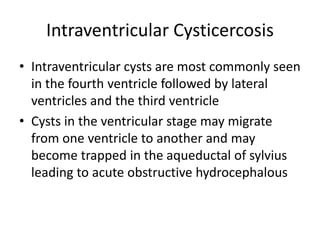 Intraventricular Cysticercosis
• Intraventricular cysts are most commonly seen
in the fourth ventricle followed by lateral
ventricles and the third ventricle
• Cysts in the ventricular stage may migrate
from one ventricle to another and may
become trapped in the aqueductal of sylvius
leading to acute obstructive hydrocephalous
 