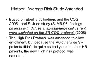 History: Average Risk Study Amended
• Based on Eberhart’s findings and the CCG
A9951 and St Jude study (SJMB-96) findings
patients with diffuse anaplasia/large cell variant
were excluded on the SR COG protocol. (2008)
• The High Risk Protocol was amended to allow
enrollment, but because the M0 otherwise SR
patients didn’t do quite as badly as the other HR
patients, the new High risk protocol was
named…
 