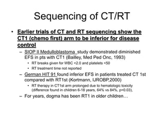 Sequencing of CT/RT
• Earlier trials of CT and RT sequencing show the
CT1 (chemo first) arm to be inferior for disease
control
– SIOP II Medulloblastoma study demonstrated diminished
EFS in pts with CT1 (Bailley, Med Ped Onc, 1993)
• RT breaks given for WBC <2.0 and platelets <50
• RT treatment time not reported
– German HIT 91 found inferior EFS in patients treated CT 1st
compared with RT1st (Kortmann, IJROBP,2000)
• RT therapy in CT1st arm prolonged due to hematologic toxicity
(difference found in children 6-18 years, 64% vs 84%, p=0.03),
– For years, dogma has been RT1 in older children…
 