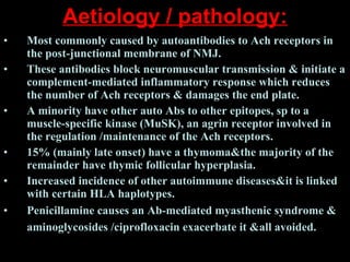 Aetiology / pathology: Most commonly caused by autoantibodies to Ach receptors in the post-junctional membrane of NMJ.  These antibodies block neuromuscular transmission & initiate a complement-mediated inflammatory response which reduces the number of Ach receptors & damages the end plate.  A minority have other auto Abs to other epitopes, sp to a muscle-specific kinase (MuSK), an agrin receptor involved in the regulation /maintenance of the Ach receptors. 15% (mainly late onset) have a thymoma&the majority of the remainder have thymic follicular hyperplasia.  Increased incidence of other autoimmune diseases&it is linked with certain HLA haplotypes. Penicillamine causes an Ab-mediated myasthenic syndrome & aminoglycosides /ciprofloxacin exacerbate it &all avoided.   
