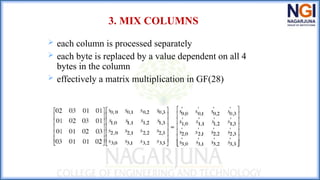3. MIX COLUMNS
 each column is processed separately
 each byte is replaced by a value dependent on all 4
bytes in the column
 effectively a matrix multiplication in GF(28)
 