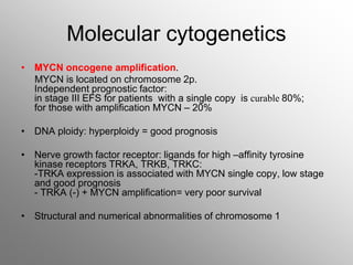 Molecular cytogenetics
• MYCN oncogene amplification.
MYCN is located on chromosome 2p.
Independent prognostic factor:
in stage III EFS for patients with a single copy is curable 80%;
for those with amplification MYCN – 20%
• DNA ploidy: hyperploidy = good prognosis
• Nerve growth factor receptor: ligands for high –affinity tyrosine
kinase receptors TRKA, TRKB, TRKC:
-TRKA expression is associated with MYCN single copy, low stage
and good prognosis
- TRKA (-) + MYCN amplification= very poor survival
• Structural and numerical abnormalities of chromosome 1
 