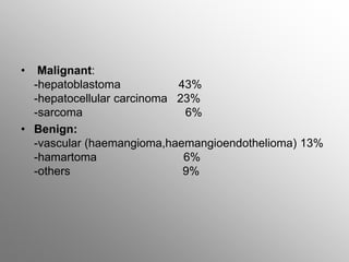 • Malignant:
-hepatoblastoma 43%
-hepatocellular carcinoma 23%
-sarcoma 6%
• Benign:
-vascular (haemangioma,haemangioendothelioma) 13%
-hamartoma 6%
-others 9%
 