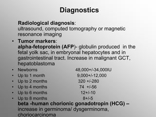 Diagnostics
Radiological diagnosis:
ultrasound, computed tomography or magnetic
resonance imaging
• Tumor markers:
alpha-fetoprotein (AFP)- globulin produced in the
fetal yolk sac, in embryonal hepatocytes and in
gastrointestinal tract. Increase in malignant GCT,
hepatoblastoma
• Newborns 48,000+/-34,000IU
• Up to 1 month 9,000+/-12,000
• Up to 2 months 320 +/-280
• Up to 4 months 74 +/-56
• Up to 6 months 12+/-10
• Up to 8 months 8+/-5
beta -human chorionic gonadotropin (HCG) –
increase in germinoma/ dysgerminoma,
choriocarcinoma
 