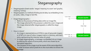 Steganography
• Steganography Greek words- ‘stegos’ meaning ‘to cover’ and ‘grayfia’,
meaning ‘writing’.
• Steganography is a method of hiding secret data, by embedding it into
an audio, video, image or text file.
• Image Steganography –
• Refers to the process of hiding data within an image file.
• The image selected for this purpose is called the cover-image and
the image obtained after steganography is called the stego-
image.
• How is it done?
• An image is represented as an N*M (in case of greyscale images)
or N*M*3 (in case of colour images) matrix in memory, with each
entry representing the intensity value of a pixel.
• In image steganography, a message is embedded into an image
by altering the values of some pixels, which are chosen by an
encryption algorithm.
• The recipient of the image must be aware of the same algorithm
in order to known which pixels he or she must select to extract the
message.
 