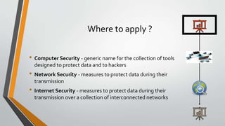 Where to apply ?
• Computer Security - generic name for the collection of tools
designed to protect data and to hackers
• Network Security - measures to protect data during their
transmission
• Internet Security - measures to protect data during their
transmission over a collection of interconnected networks
 