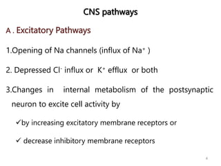 CNS pathways
A . Excitatory Pathways
1.Opening of Na channels (influx of Na+ )
2. Depressed Cl- influx or K+ efflux or both
3.Changes in internal metabolism of the postsynaptic
neuron to excite cell activity by
by increasing excitatory membrane receptors or
 decrease inhibitory membrane receptors
4
 