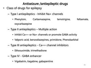 Antiseizure /antiepileptic drugs
• Class of drugs for epilepsy
– Type I antiepileptics - Inhibit Na+ channels
• Phenytoin, Carbamazepine, lamotrigine, felbamate,
oxycarbazepine
– Type II antiepileptics – Multiple action
• Inhibit Ca++ or Na+ channels or promote GABA activity
• Valporic acid, benzodiazepines, primidone, Phenobarbital
– Type III antiepileptics - Ca++ channel inhibitors
• Ethosuximide, trimethadione
– Type IV - GABA enhancer
• Vigabatrin, tiagabine, gabapentine
95
 