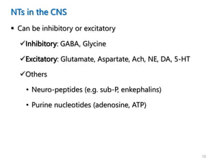 10
NTs in the CNS
 Can be inhibitory or excitatory
Inhibitory: GABA, Glycine
Excitatory: Glutamate, Aspartate, Ach, NE, DA, 5-HT
Others
• Neuro-peptides (e.g. sub-P, enkephalins)
• Purine nucleotides (adenosine, ATP)
 