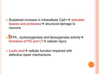  Sustained increase in intracellular Ca2+ activates
lipases and proteases structural damage to
neurons
 FFA , cyclooxygenase and lipoxygenase activity
formation of PG and LT cellular injury
 Lactic acid cellular function impaired with
defective repair mechanisms
 