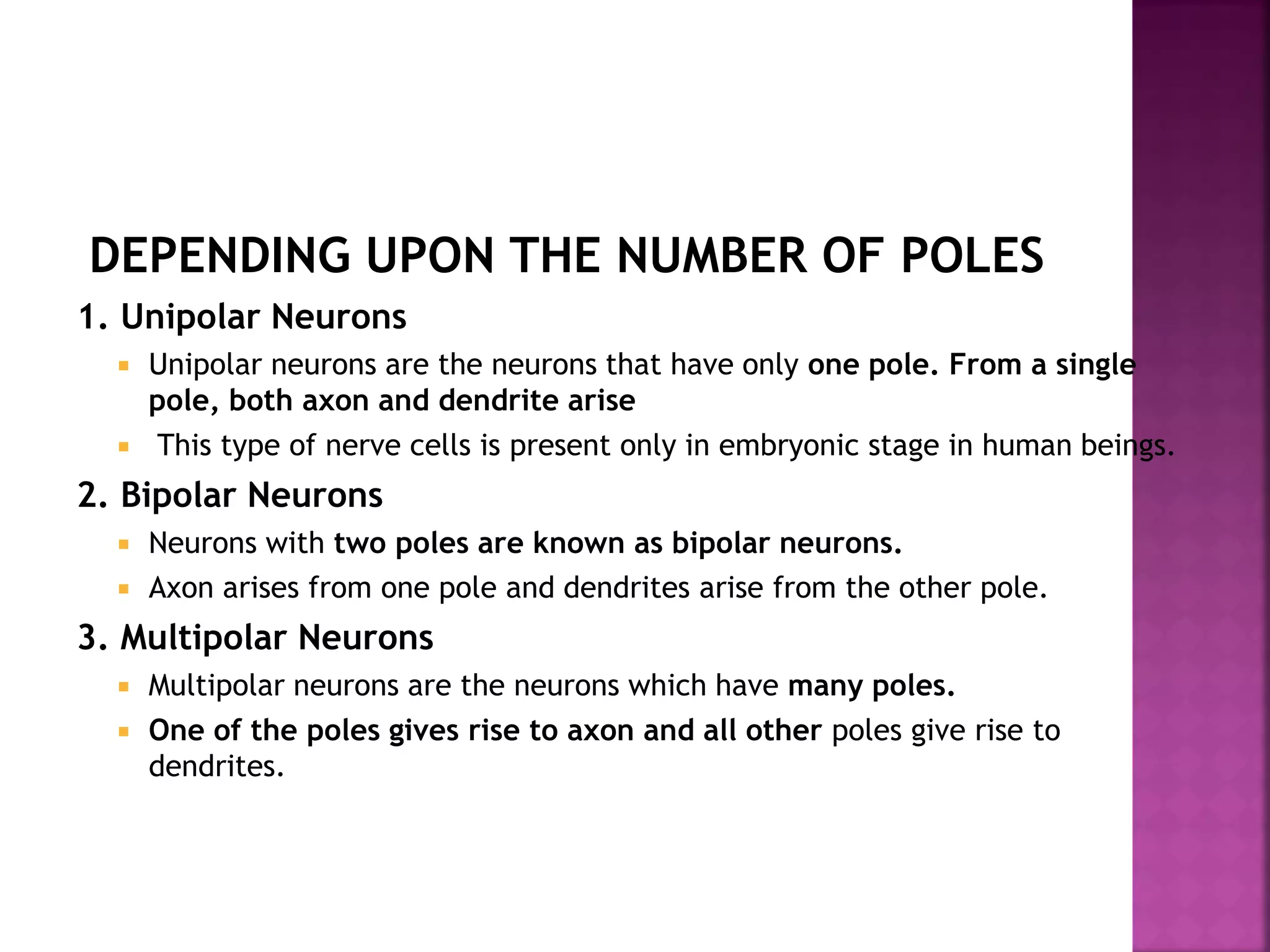 DEPENDING UPON THE NUMBER OF POLES
1. Unipolar Neurons
 Unipolar neurons are the neurons that have only one pole. From a single
pole, both axon and dendrite arise
 This type of nerve cells is present only in embryonic stage in human beings.
2. Bipolar Neurons
 Neurons with two poles are known as bipolar neurons.
 Axon arises from one pole and dendrites arise from the other pole.
3. Multipolar Neurons
 Multipolar neurons are the neurons which have many poles.
 One of the poles gives rise to axon and all other poles give rise to
dendrites.
 