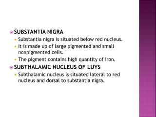  SUBSTANTIA NIGRA
 Substantia nigra is situated below red nucleus.
 It is made up of large pigmented and small
nonpigmented cells.
 The pigment contains high quantity of iron.
 SUBTHALAMIC NUCLEUS OF LUYS
 Subthalamic nucleus is situated lateral to red
nucleus and dorsal to substantia nigra.
 