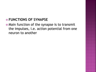  FUNCTIONS OF SYNAPSE
 Main function of the synapse is to transmit
the impulses, i.e. action potential from one
neuron to another
 