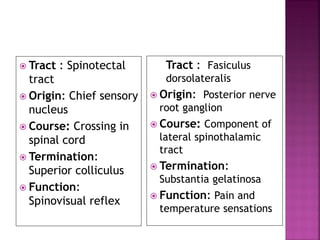  Tract : Spinotectal
tract
 Origin: Chief sensory
nucleus
 Course: Crossing in
spinal cord
 Termination:
Superior colliculus
 Function:
Spinovisual reflex
Tract : Fasiculus
dorsolateralis
 Origin: Posterior nerve
root ganglion
 Course: Component of
lateral spinothalamic
tract
 Termination:
Substantia gelatinosa
 Function: Pain and
temperature sensations
 