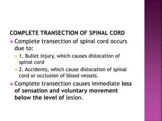 COMPLETE TRANSECTION OF SPINAL CORD
 Complete transection of spinal cord occurs
due to:
 1. Bullet injury, which causes dislocation of
spinal cord
 2. Accidents, which cause dislocation of spinal
cord or occlusion of blood vessels.
 Complete transection causes immediate loss
of sensation and voluntary movement
below the level of lesion.
 
