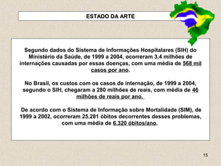 15
ESTADO DA ARTEESTADO DA ARTE
Segundo dados do Sistema de Informações Hospitalares (SIH) do
Ministério da Saúde, de 1999 a 2004, ocorreram 3,4 milhões de
internações causadas por essas doenças, com uma média de 568 mil
casos por ano.
No Brasil, os custos com os casos de internação, de 1999 a 2004,
segundo o SIH, chegaram a 280 milhões de reais, com média de 46
milhões de reais por ano.
De acordo com o Sistema de Informação sobre Mortalidade (SIM), de
1999 a 2002, ocorreram 25.281 óbitos decorrentes desses problemas,
com uma média de 6.320 óbitos/ano.
 