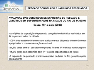 25
PESCADO CONGELADO E LATICÍNIOS RESFRIADOS
AVALIAÇÃO DAS CONDIÇÕES DE EXPOSIÇÃO DE PESCADO E
LATICÍNIOS EM SUPERMERCADOS NA CIDADE DO RIO DE JANEIRO
Souza, M.F. e cols. (2006)
•condições de exposição de pescado congelado e laticínios resfriados em
14 supermercados da cidade
•100% dos estabelecimentos com equipamentos dispondo de termômetros
apropriados e boa conservação estrutural
•21,3% deles com o pescado congelado fora da Tº indicada na rotulagem
•14,3% deles com laticínios com Tº fora da especificação do rótulo
•A exposição de pescado e laticínios abaixo da linha de frio garantida pelo
equipamento
 