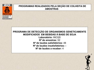 32
PROGRAMA DE DETECÇÃO DE ORGANISMOS GENETICAMENTE
MODIFICADOS EM BEBIDAS À BASE DE SOJA
Laboratório: INCQS
Nº de amostras: 52
Nº de laudos satisfatórios: 48
Nº de laudos insatisfatórios: -
Nº de laudos a receber: 4
PROGRAMAS REALIZADOS PELA SEÇÃO DE COLHEITA DE
AMOSTRAS
 