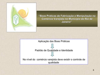 8
““Boas Práticas de Fabricação e Manipulação noBoas Práticas de Fabricação e Manipulação no
Comércio Varejista no Município do Rio deComércio Varejista no Município do Rio de
Janeiro”Janeiro”
Aplicação das Boas Práticas
Padrão de Qualidade e Identidade
No nível do comércio varejista deve existir o controle de
qualidade
 