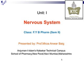 Unit: I
Nervous System
Class: F.Y B Pharm (Sem II)
Presented by: Prof.Mirza Anwar Baig
Anjuman-I-Islam's Kalsekar Technical Campus
School of Pharmacy,New Pavel,Navi Mumbai,Maharashtra
1P 1
 