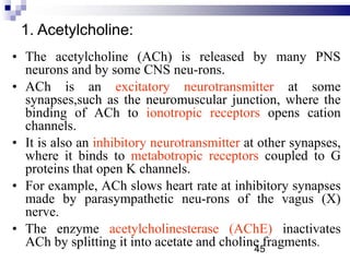 1. Acetylcholine:
• The acetylcholine (ACh) is released by many PNS
neurons and by some CNS neu-rons.
• ACh is an excitatory neurotransmitter at some
synapses,such as the neuromuscular junction, where the
binding of ACh to ionotropic receptors opens cation
channels.
• It is also an inhibitory neurotransmitter at other synapses,
where it binds to metabotropic receptors coupled to G
proteins that open K channels.
• For example, ACh slows heart rate at inhibitory synapses
made by parasympathetic neu-rons of the vagus (X)
nerve.
• The enzyme acetylcholinesterase (AChE) inactivates
ACh by splitting it into acetate and choline fragments.
45
 