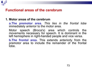 Functional areas of the cerebrum
1. Motor areas of the cerebrum
a.The premotor area. This lies in the frontal lobe
immediately anterior to the motor area.
Motor speech (Broca's) area which controls the
movements necessary for speech. It is dominant in the
left hemisphere in right-handed people and vice versa.
b.The frontal area. This extends anteriorly from the
premotor area to include the remainder of the frontal
lobe.
73
 